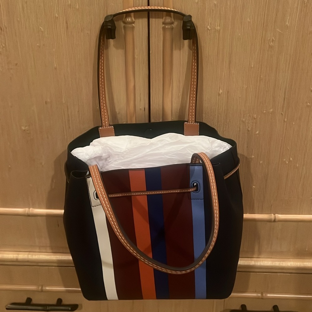 TORY BURCH 
Blue , multicolor stripe leather Kerrington bucket bag /gold-tone - Picture 7 of 17